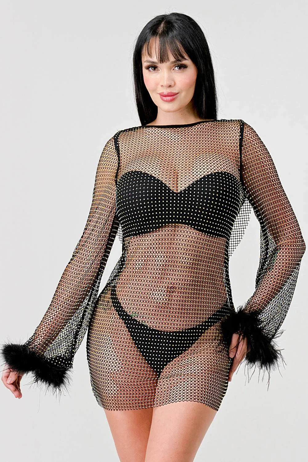 SEXY SEE-THRU RHINESTONE FISHNET FUR MINI DRESS sold by privy