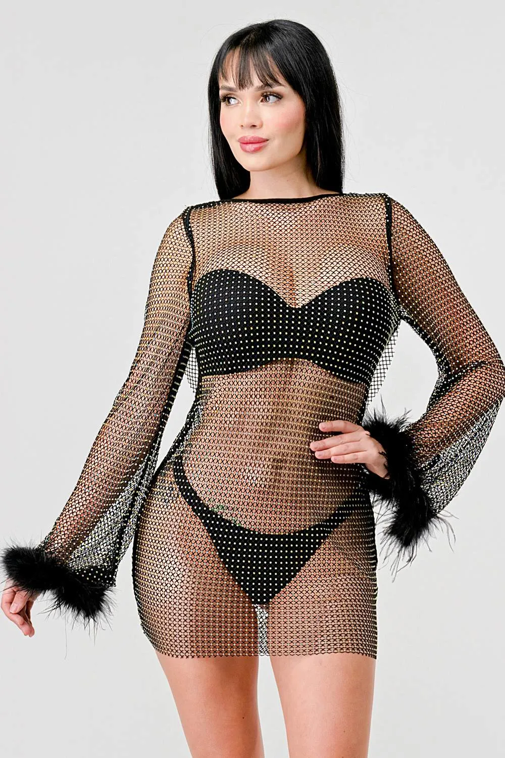 SEXY SEE-THRU RHINESTONE FISHNET FUR MINI DRESS sold by privy product image thumbnail 2