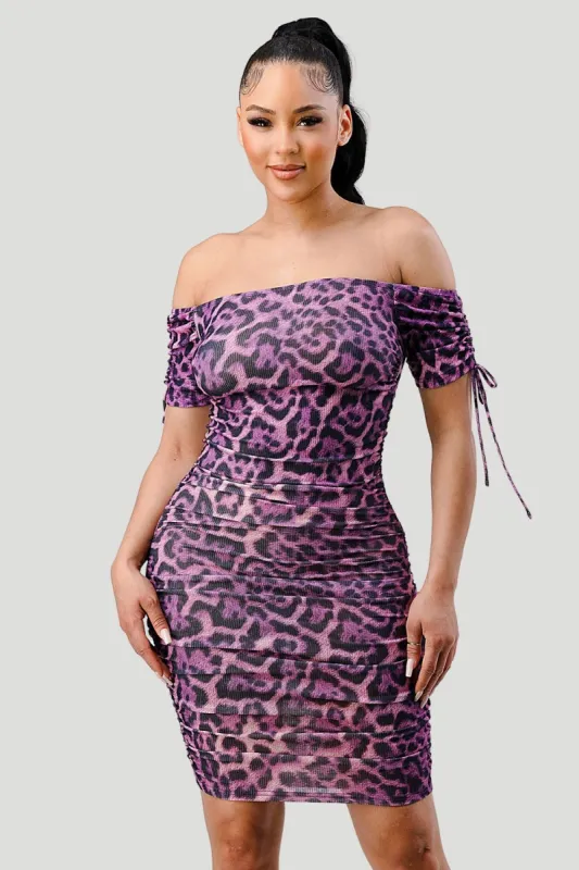 LEOPARD PRINT OFF SHOULDER SHIRRING BODYCON DRESS sold by privy