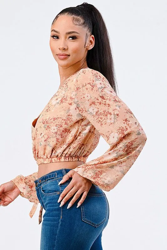 FLORAL WRAP WAIST TIE BUBBLE SLEEVES KNIT TOP sold by privy product image thumbnail 2