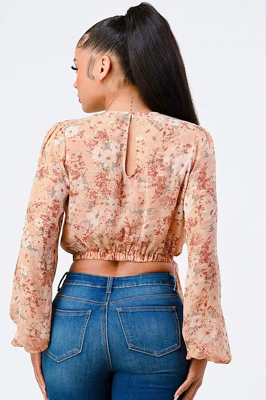 FLORAL WRAP WAIST TIE BUBBLE SLEEVES KNIT TOP sold by privy product image thumbnail 3