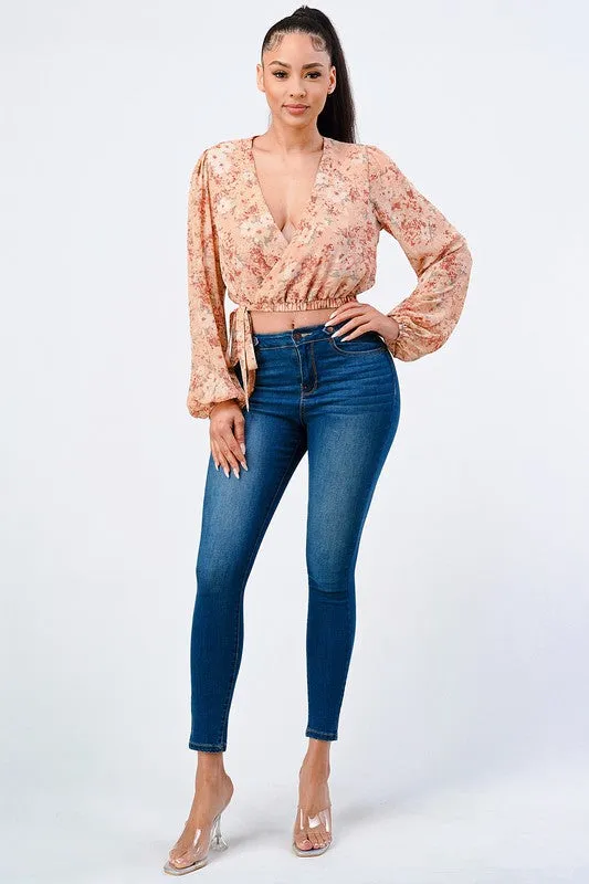 FLORAL WRAP WAIST TIE BUBBLE SLEEVES KNIT TOP sold by privy product image thumbnail 4