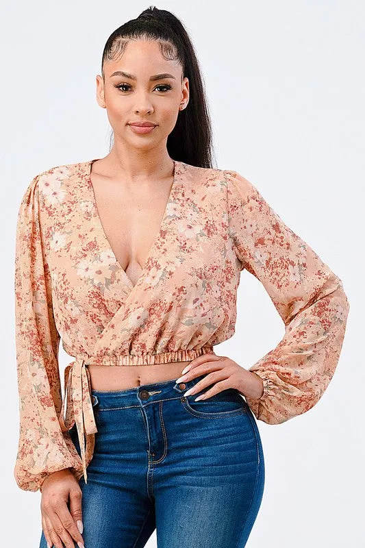 FLORAL WRAP WAIST TIE BUBBLE SLEEVES KNIT TOP sold by privy