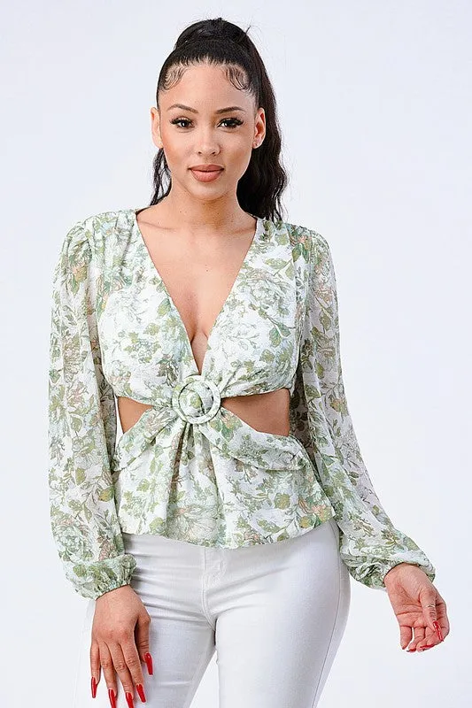 FLORAL V-NECK KNOT SELF BELTED SIDE CUT OUT TOP sold by privy