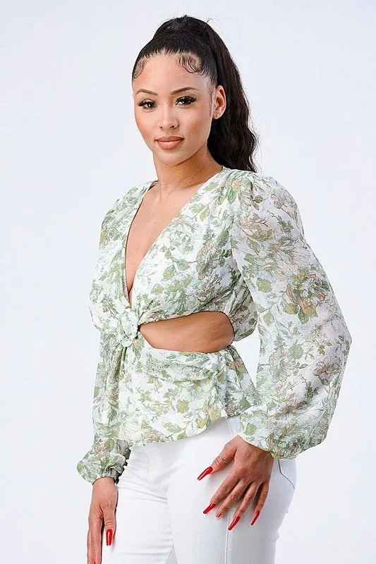 FLORAL V-NECK KNOT SELF BELTED SIDE CUT OUT TOP sold by privy product image thumbnail 2