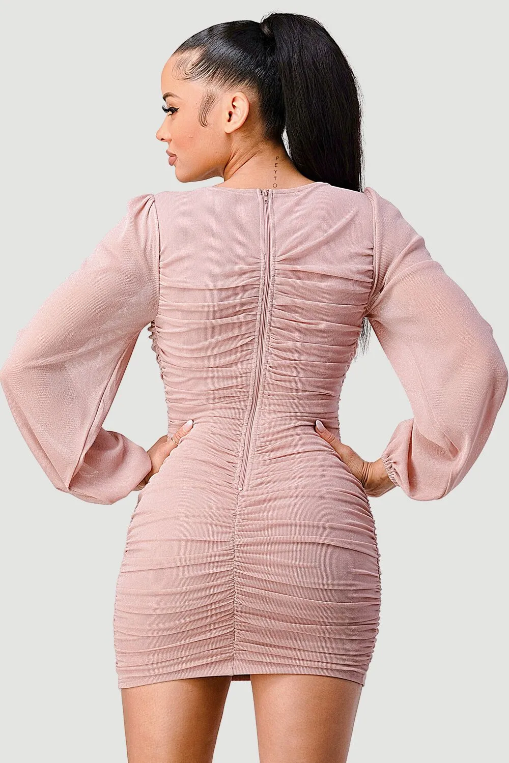 LUX GLITTER DOUBLE RUCHED LONG SLEEVED MINI DRESS sold by privy product image thumbnail 3