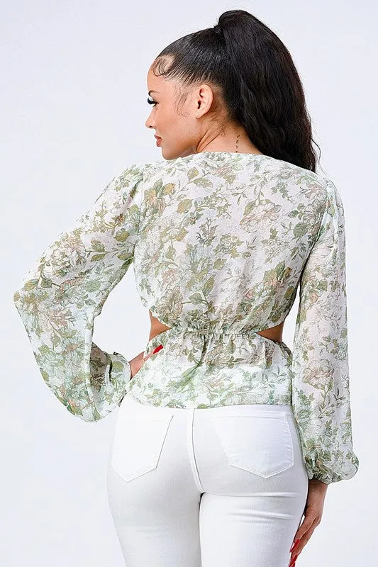 FLORAL V-NECK KNOT SELF BELTED SIDE CUT OUT TOP sold by privy product image thumbnail 3