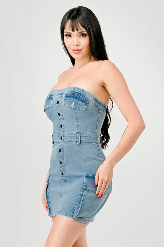 SEXY WASHED DENIM BUTTON DOWN TUBE MINI DRESS sold by privy
