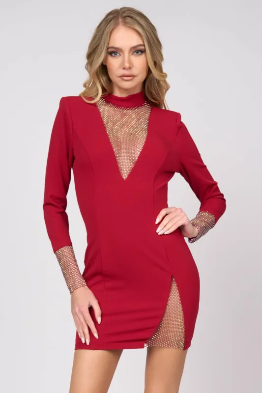 LUXE RHINESTONES NET SEE-THRU MOCK NECK MINI DRESS sold by privy