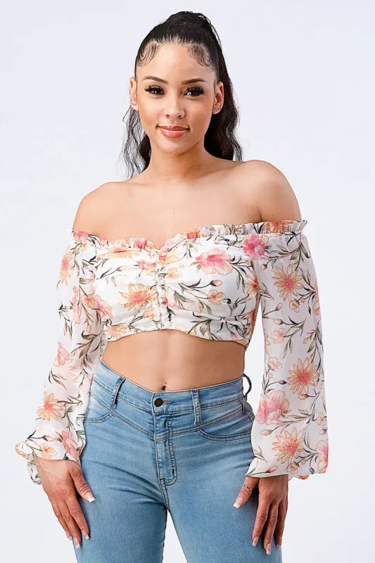 FLORAL CHIFFON SMOCKED OFF SHOULDER SMOCKED CROP TOP sold by privy