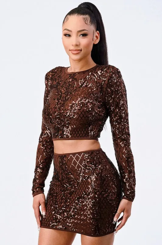 SEQUINS POWER SHOULDER CROP TOP AND MINI SKIRT SET sold by privy