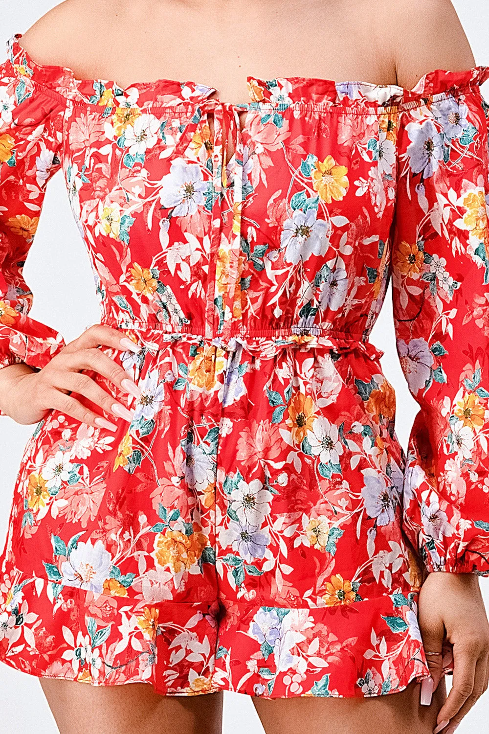 FLORAL OFF SHOULDER WAIST BAND RUFFLED ROMPER sold by privy product image thumbnail 5