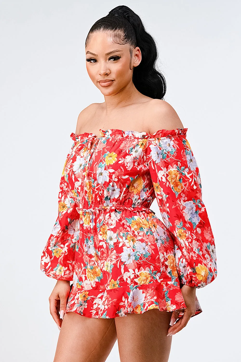 FLORAL OFF SHOULDER WAIST BAND RUFFLED ROMPER sold by privy product image thumbnail 2