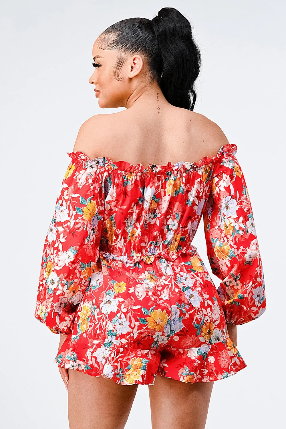 FLORAL OFF SHOULDER WAIST BAND RUFFLED ROMPER sold by privy product image thumbnail 3