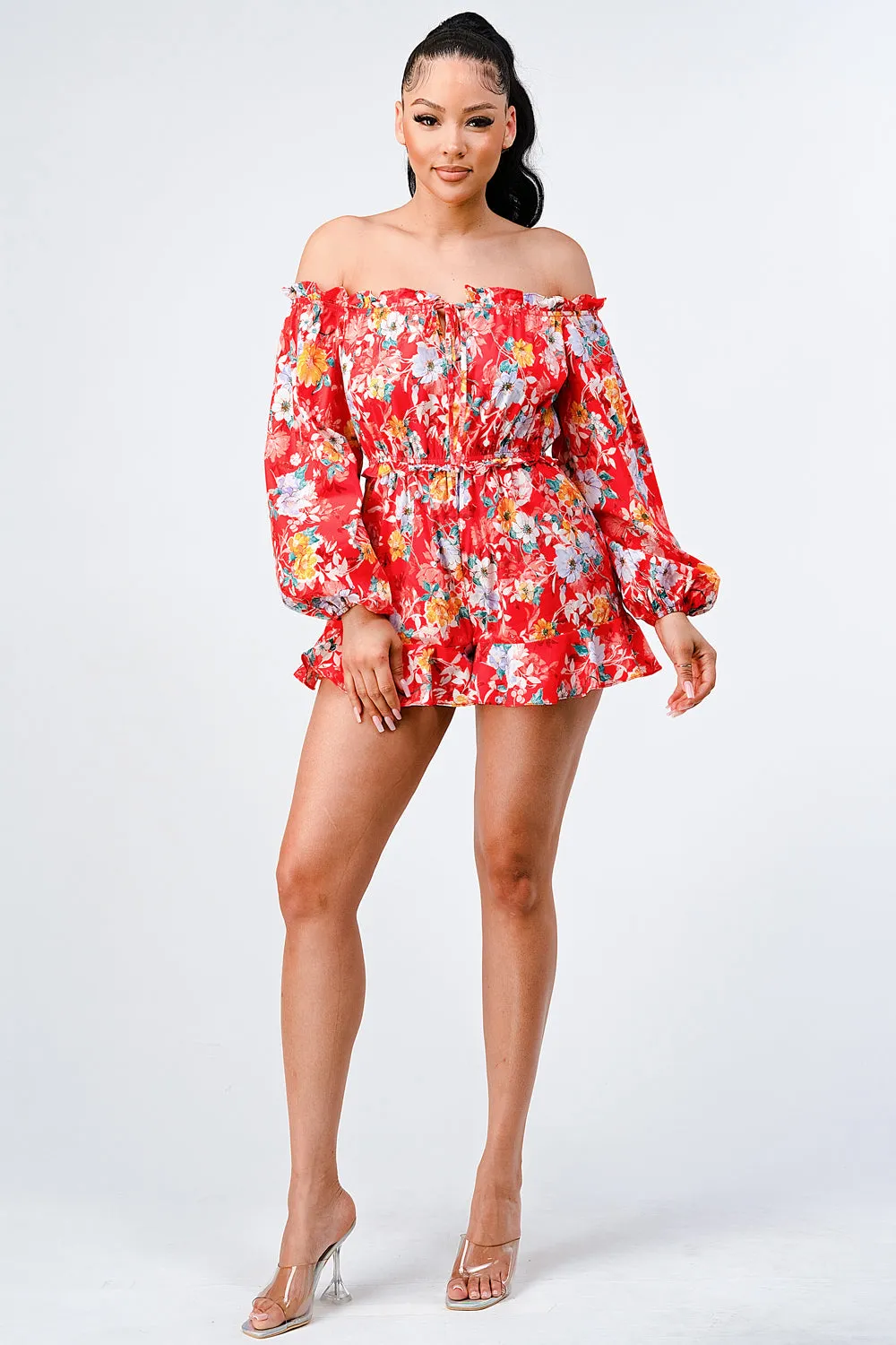FLORAL OFF SHOULDER WAIST BAND RUFFLED ROMPER sold by privy product image thumbnail 4