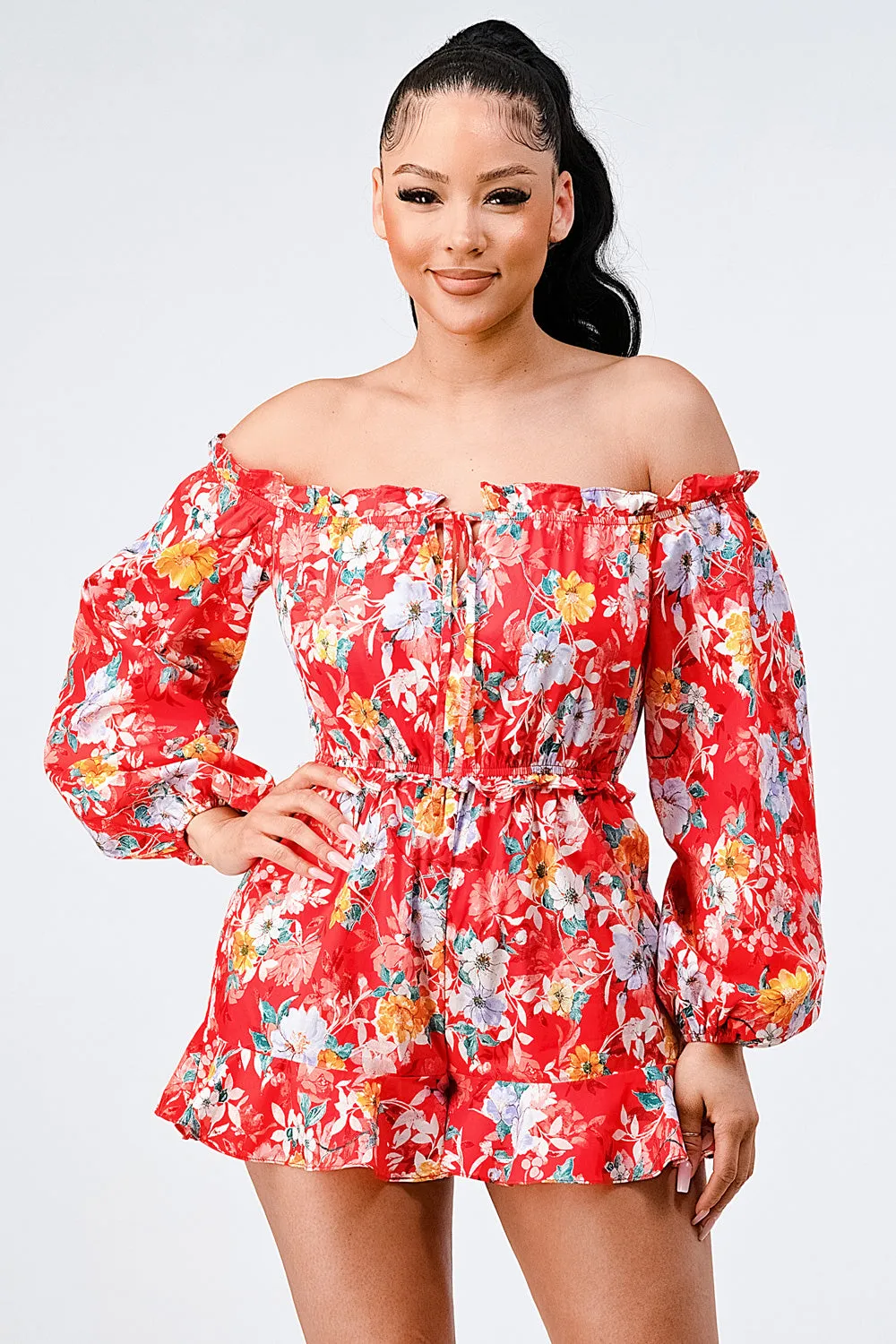 FLORAL OFF SHOULDER WAIST BAND RUFFLED ROMPER sold by privy