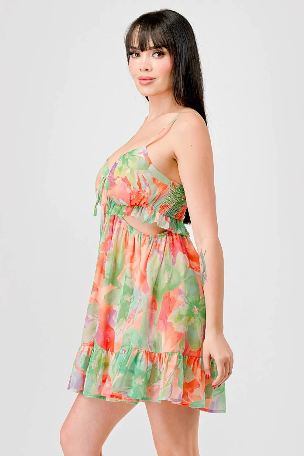 FLORAL CHIFFON DRAWSTRING BOW RUFFLED MINI DRESS sold by privy product image thumbnail 3