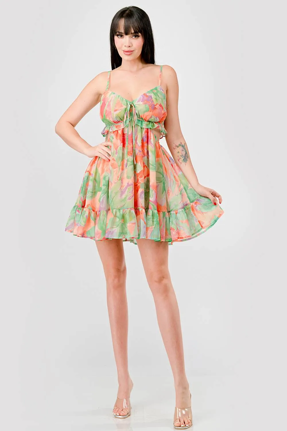 FLORAL CHIFFON DRAWSTRING BOW RUFFLED MINI DRESS sold by privy product image thumbnail 5