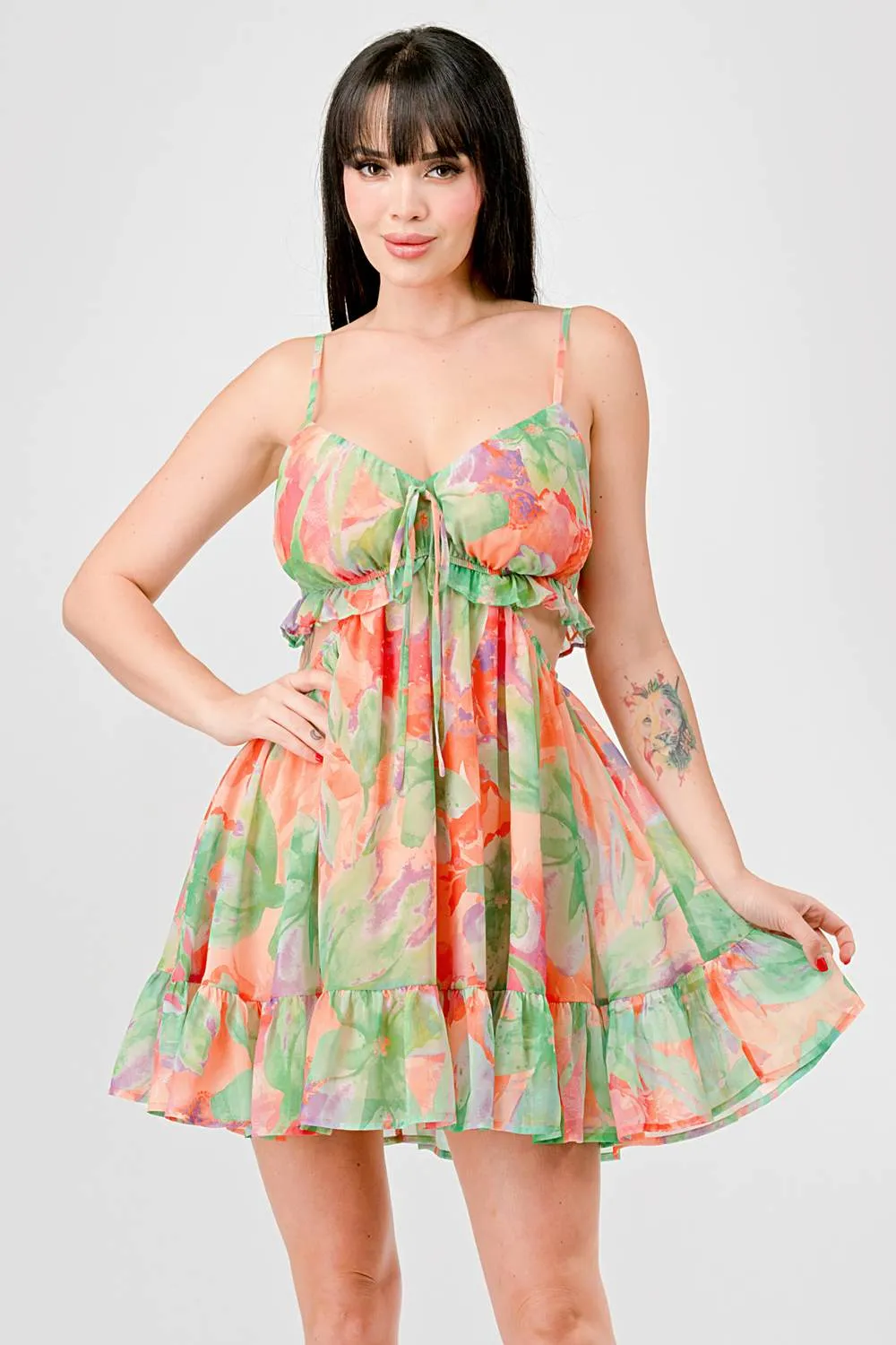 FLORAL CHIFFON DRAWSTRING BOW RUFFLED MINI DRESS sold by privy product image thumbnail 2