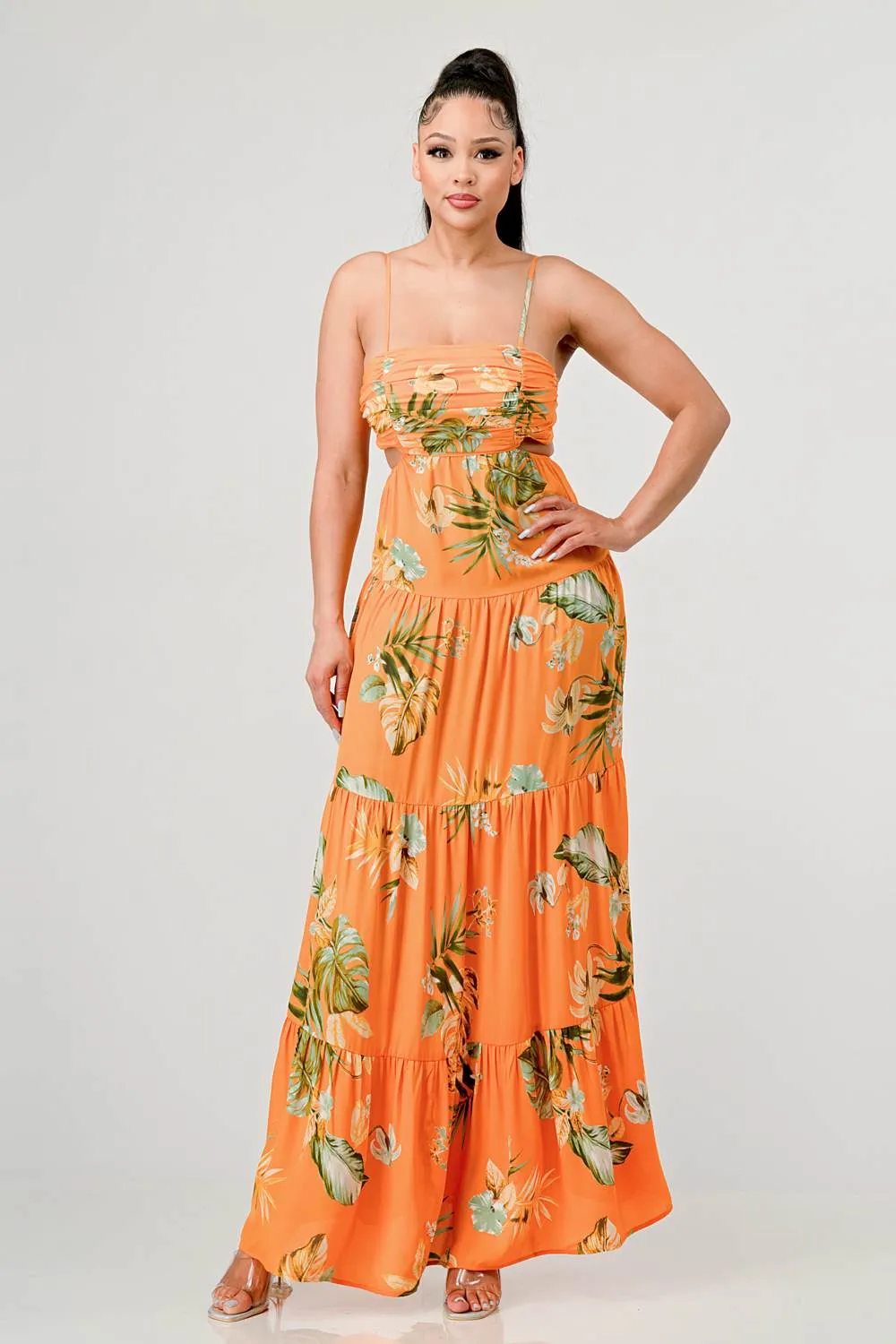 FLORAL WOOLDOBBY PRINT BACK TIE MAXI DRESS sold by privy