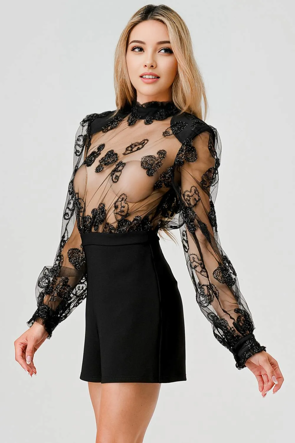 AJ1076K / SEE-THRU FLORAL METALLIC STRETCH WOVEN ROMPER sold by privy