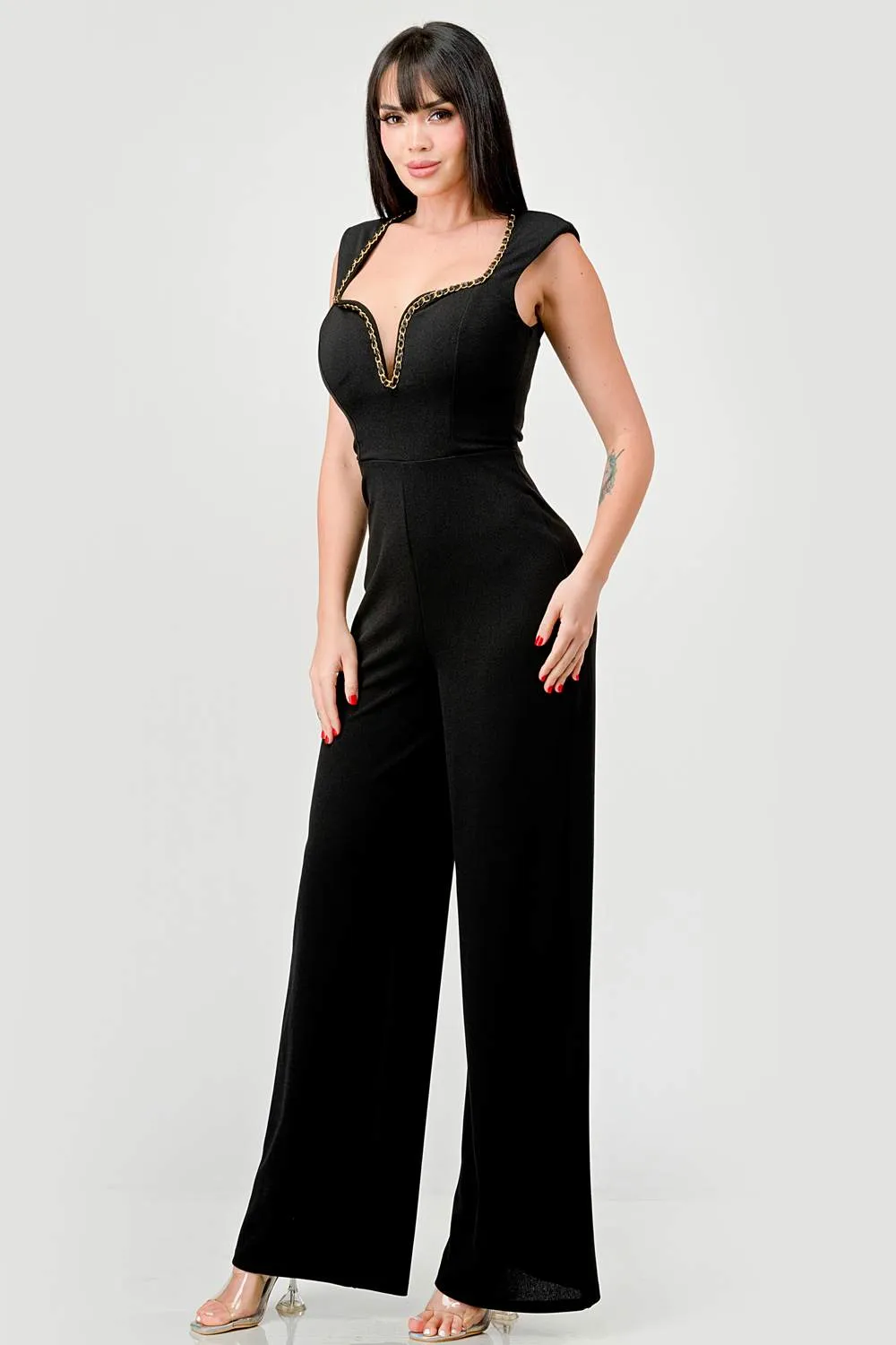 TECHNO CREPE GOLD CHAIN TRIM DETAIL JUMPSUIT sold by privy product image thumbnail 2