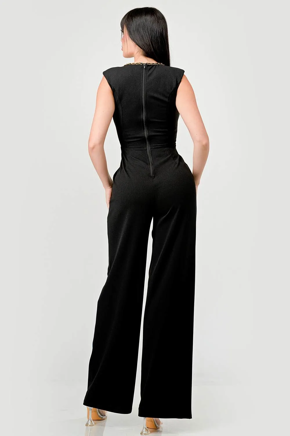 TECHNO CREPE GOLD CHAIN TRIM DETAIL JUMPSUIT sold by privy product image thumbnail 3
