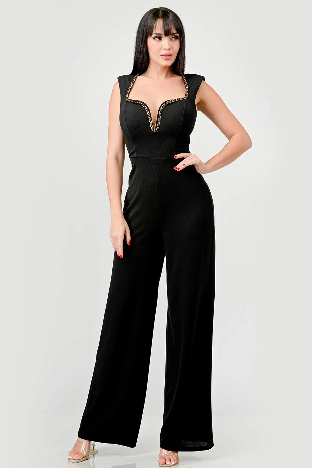 TECHNO CREPE GOLD CHAIN TRIM DETAIL JUMPSUIT sold by privy product image thumbnail 4