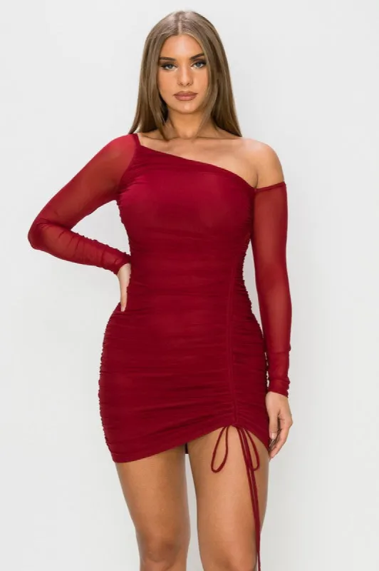 LUXE SHEER ONE SHOUDER SHIRRING DETAIL DRESS sold by privy