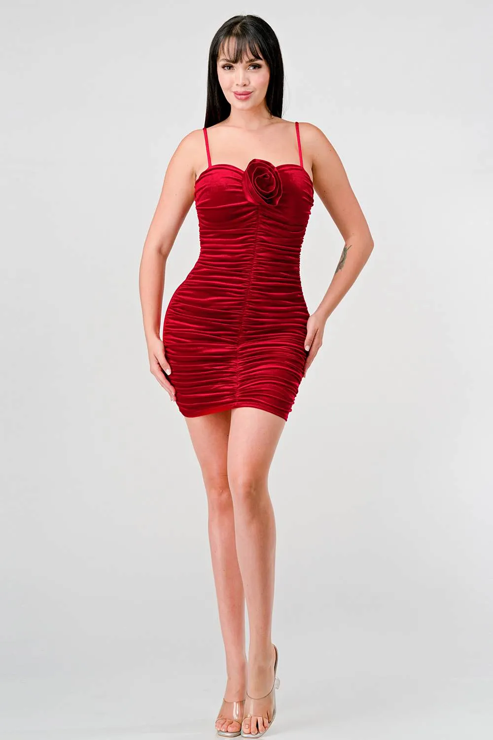 LUXE VELVET ROSE CORSAGE ROSETTE RUCHED MINI DRESS sold by privy product image thumbnail 5