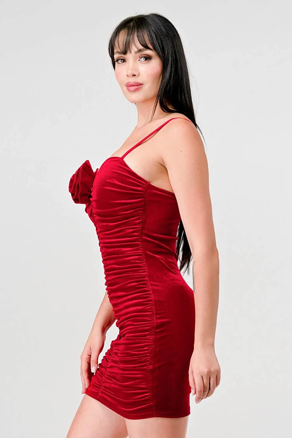LUXE VELVET ROSE CORSAGE ROSETTE RUCHED MINI DRESS sold by privy product image thumbnail 2