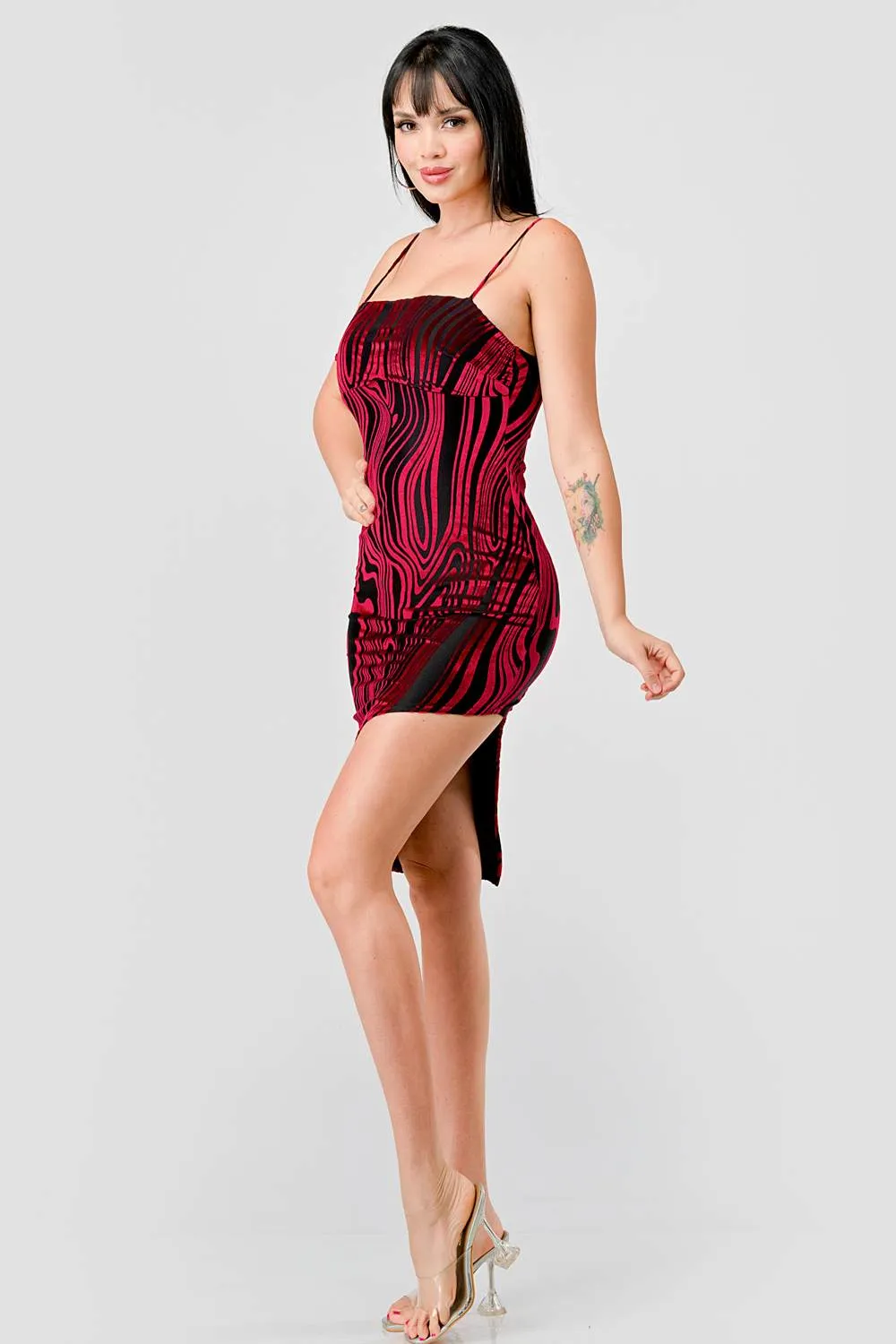 LUXE MESH VELVET BURNOUT ASYMMETRIC HEM MINI DRESS sold by privy product image thumbnail 4