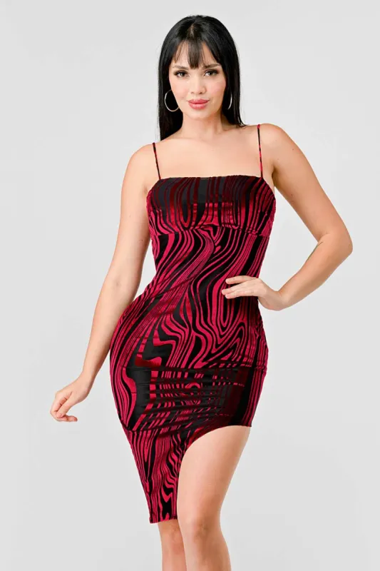 LUXE MESH VELVET BURNOUT ASYMMETRIC HEM MINI DRESS sold by privy
