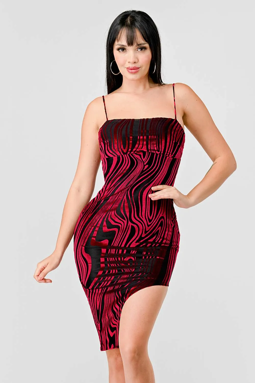 LUXE MESH VELVET BURNOUT ASYMMETRIC HEM MINI DRESS sold by privy