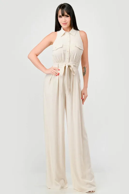 PJ11024S-W / CHIC LINEN COLLARED BUTTON DOWN WAIST TIE JUMPSUIT sold by privy