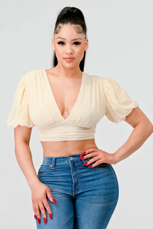 ONION SKIN MESH V-NECK OPEN BACK TIE CROPPED TOP sold by privy