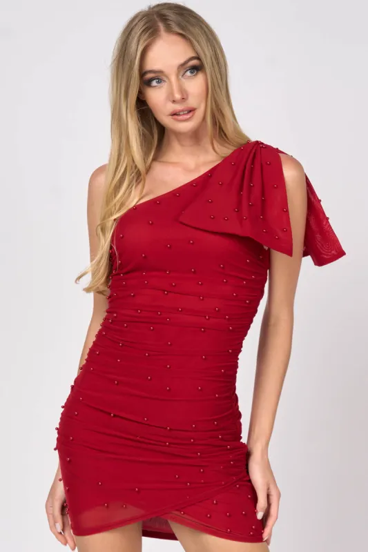 LUXE PEARL MESH BIG BOW ONE SHOULDER MINI DRESS sold by privy