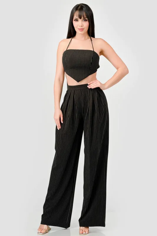 LUXE PINSTRIPE STRETCH WOVEN CROP TOP & PANTS SET sold by privy