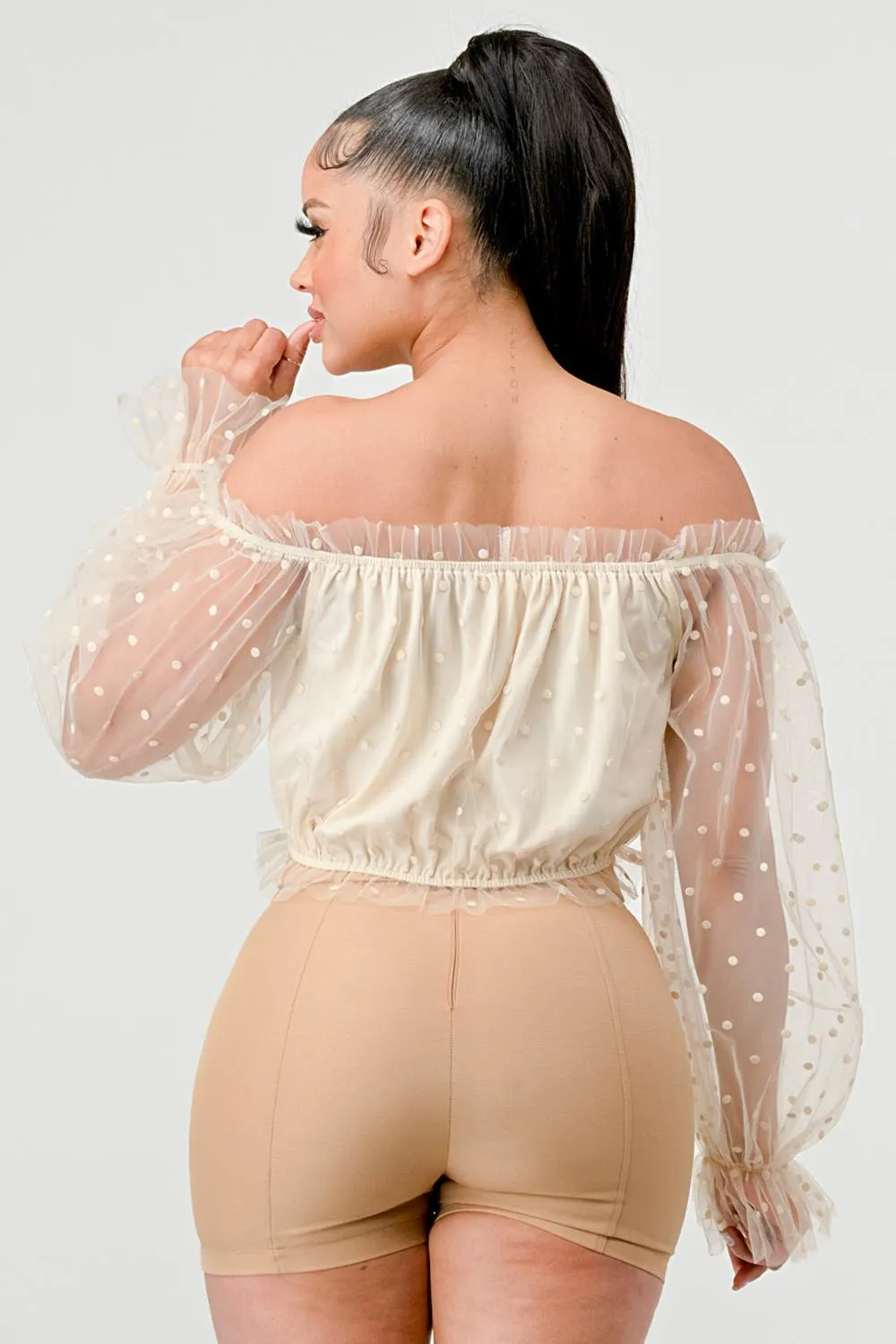 POLKA DOT MESH RUFFLED OFF SHOULDER PUFF SLV TOP sold by privy product image thumbnail 3