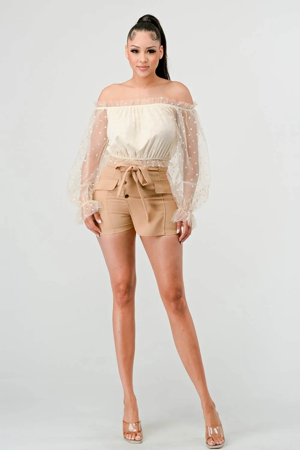 POLKA DOT MESH RUFFLED OFF SHOULDER PUFF SLV TOP sold by privy product image thumbnail 4