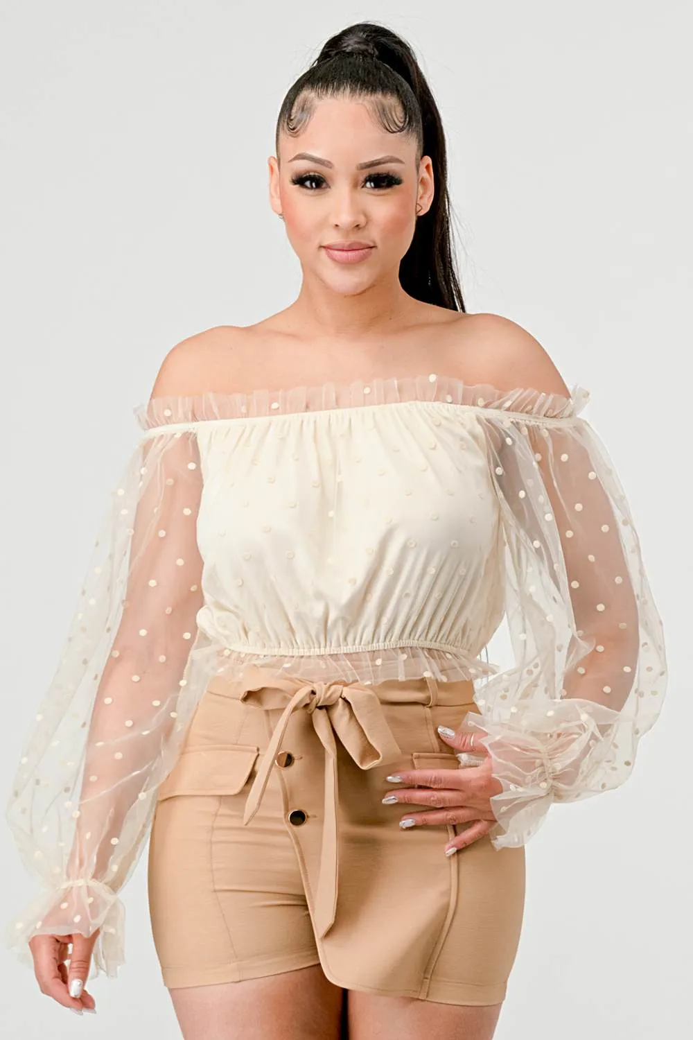 POLKA DOT MESH RUFFLED OFF SHOULDER PUFF SLV TOP sold by privy