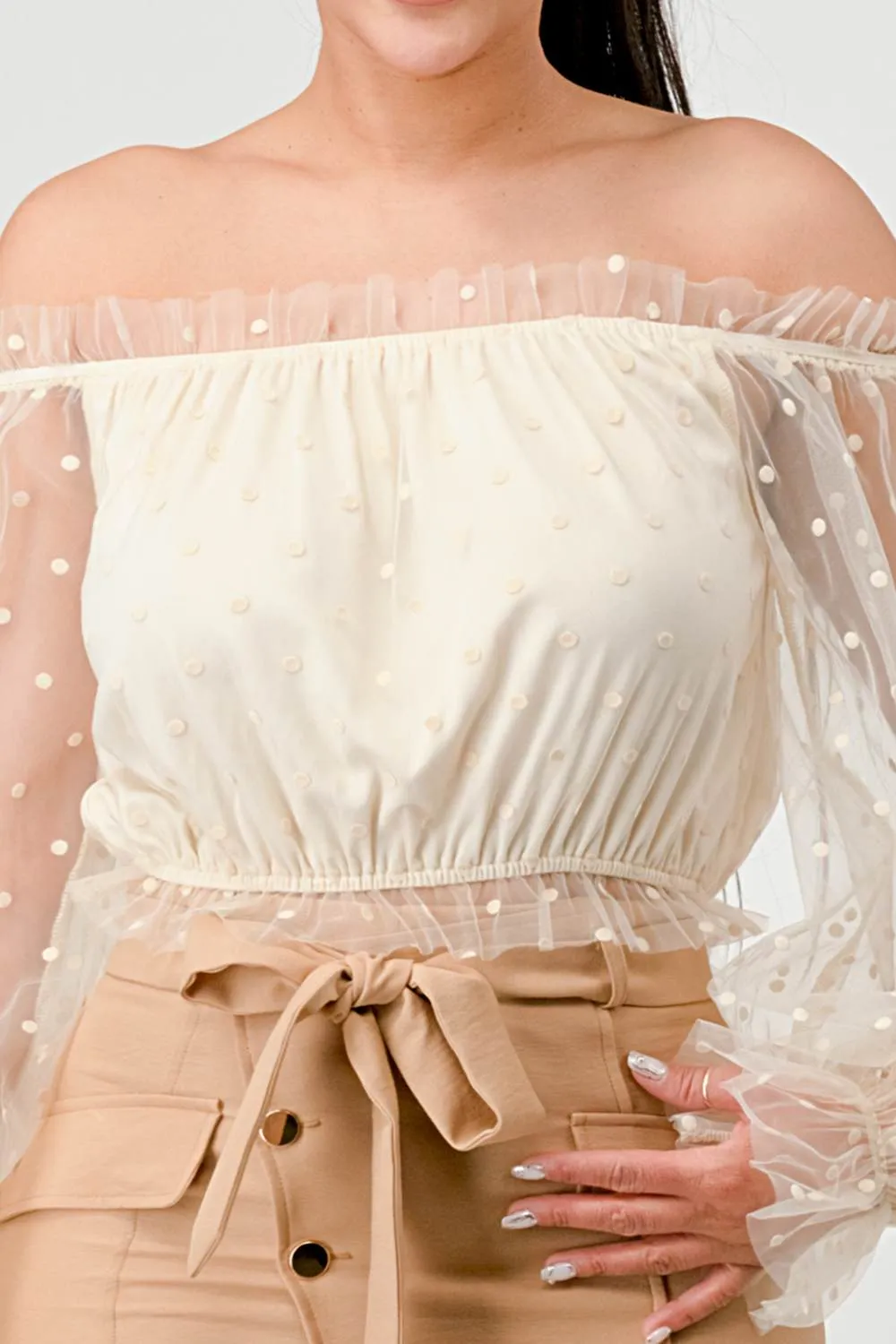 POLKA DOT MESH RUFFLED OFF SHOULDER PUFF SLV TOP sold by privy product image thumbnail 5