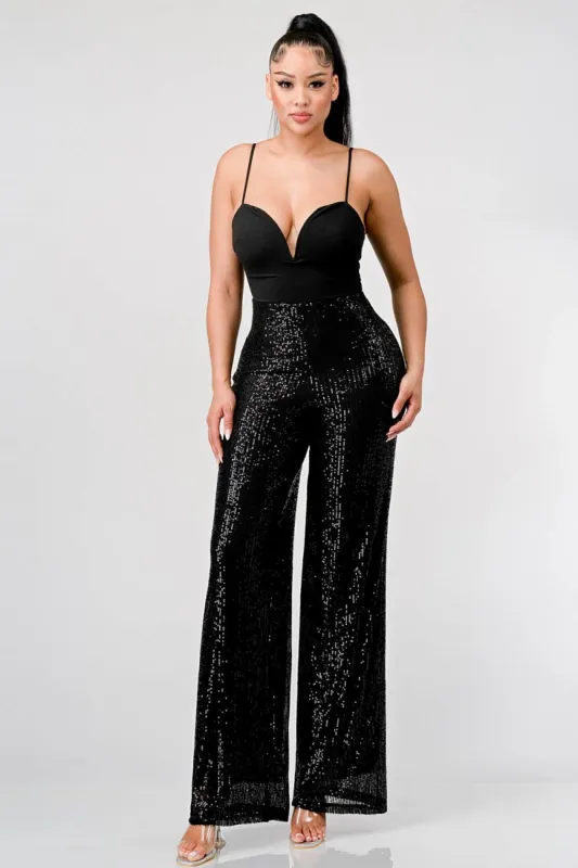 LUXE CREPE SWEETHEART SEQUINS WIDE LEGS JUMPSUIT sold by privy