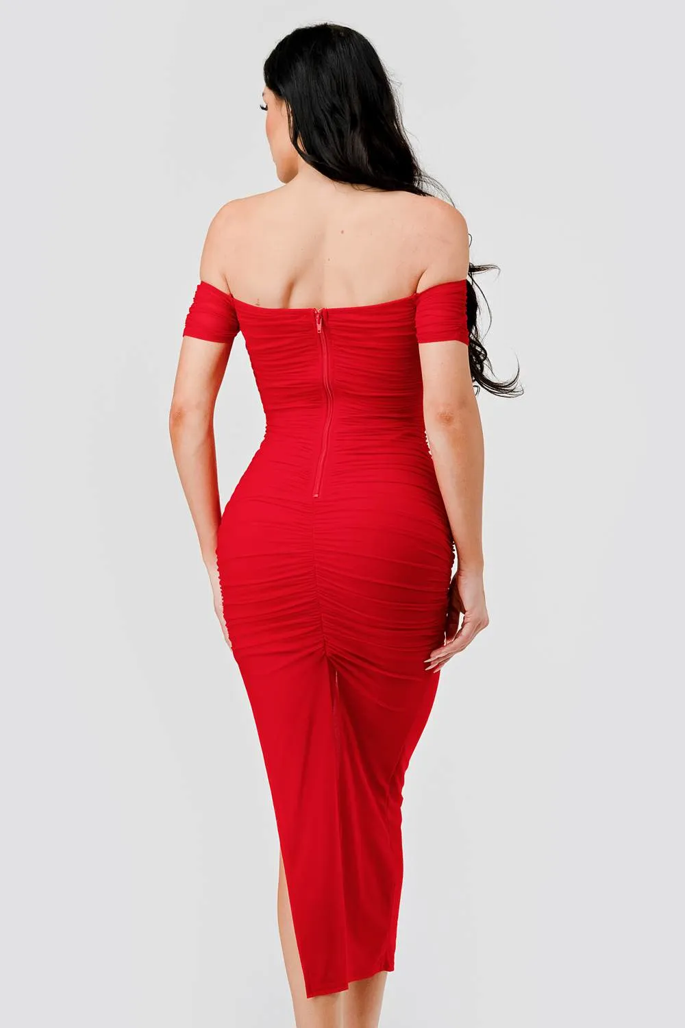 LUXE MESH SWEETHEART OFF SHOULDER SLIT MIDI DRESS sold by privy product image thumbnail 4