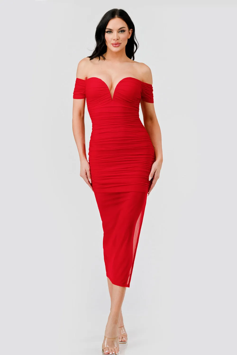 LUXE MESH SWEETHEART OFF SHOULDER SLIT MIDI DRESS sold by privy product image thumbnail 5
