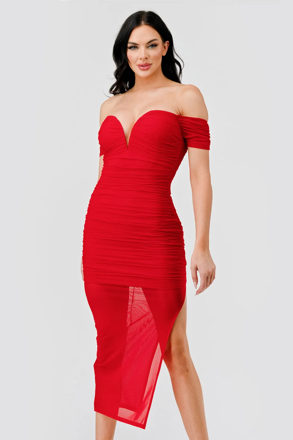 LUXE MESH SWEETHEART OFF SHOULDER SLIT MIDI DRESS sold by privy product image thumbnail 2