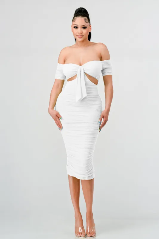 LUX OFF SHOULDER SIDE CUT KNOT TIE MIDI DRESS sold by privy