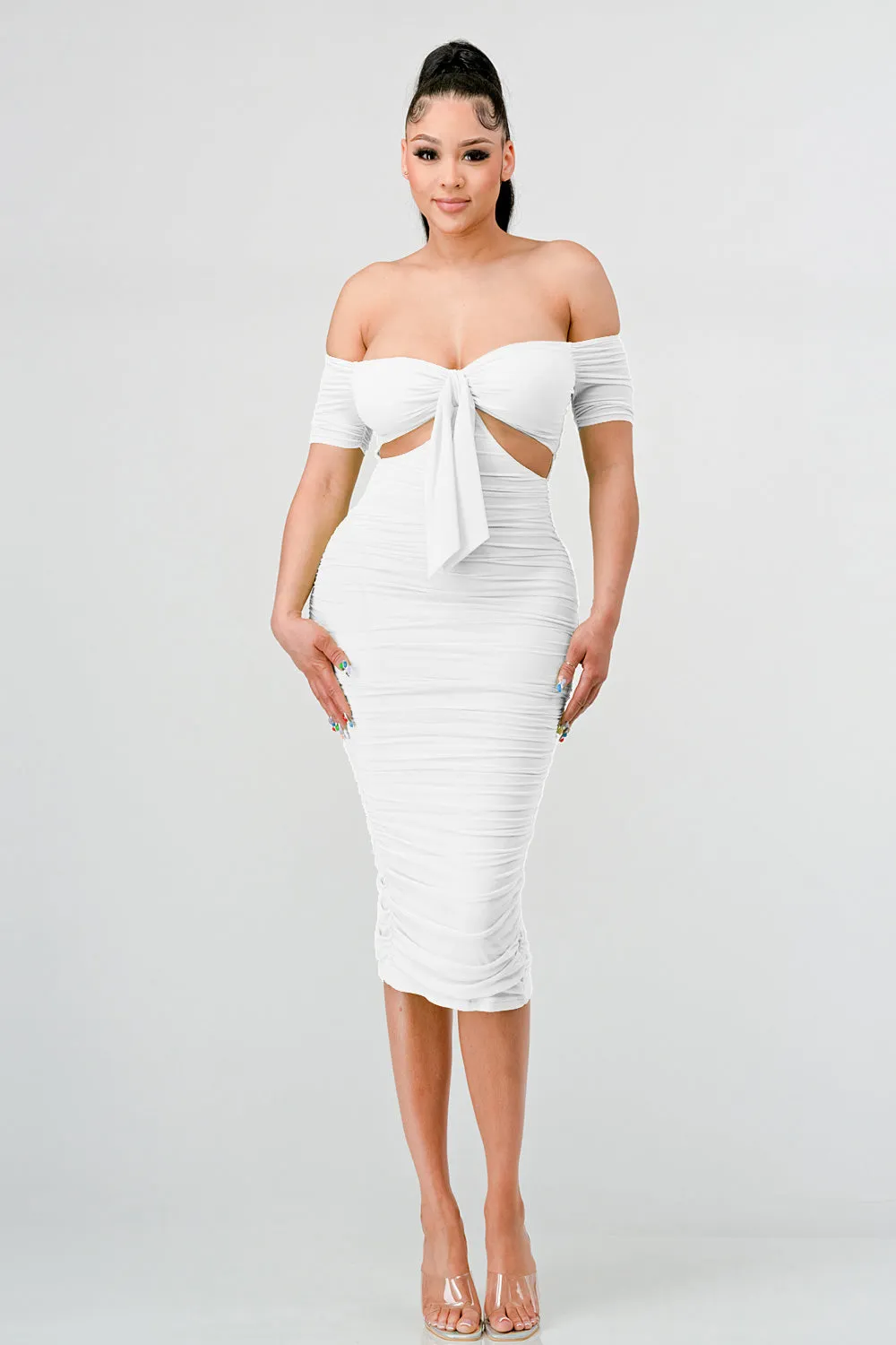 PD71849E / LUX OFF SHOULDER SIDE CUT KNOT TIE MIDI DRESS sold by privy