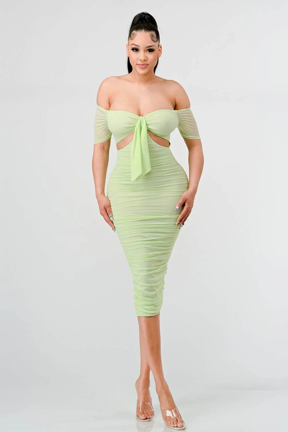 PD71849E / LUX OFF SHOULDER SIDE CUT KNOT TIE MIDI DRESS sold by privy product image thumbnail 5