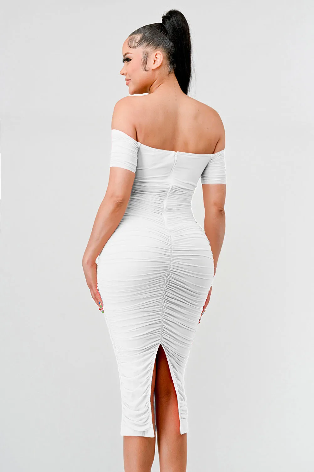 PD71849E / LUX OFF SHOULDER SIDE CUT KNOT TIE MIDI DRESS sold by privy product image thumbnail 2